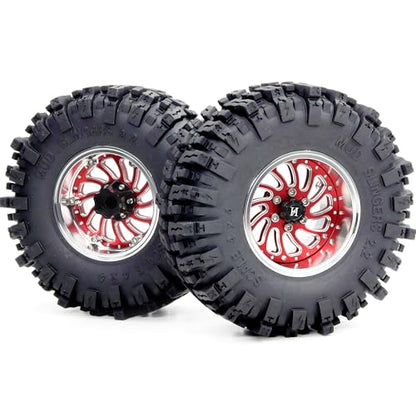 2.2 Mud Slingers Tires with Adjustable Offset 2.2 Beadlock Wheels, 124mm Tall 2.2 Tires & 40mm Wide 2.2 Rims for 1/10 RC Crawler TRX4 SCX10 Capra Upgrades,HS701585 - color: Silver & Red