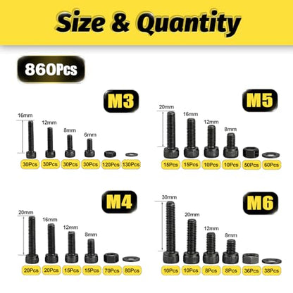 KADRICK 860PCS Metric Screws Assortment Kit,M6 M5 M4 M3 Hex Socket Head Cap | M3-M6 Bolts Nuts Flat/Lock Washers Kit,Class 12.9 Alloy Steel, Black Zinc Plated,Anti Rust Upgrade - size: M3-M6 860Pcs