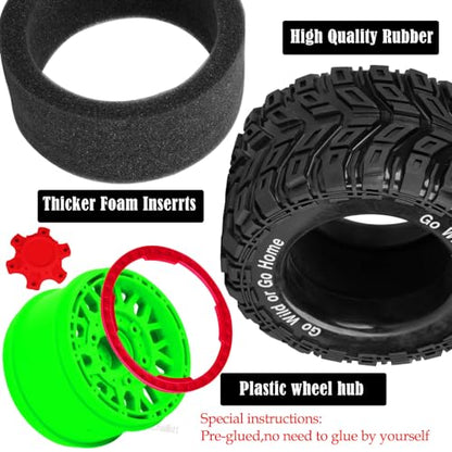 RC Truck Tires Wheel for 1/10 Big Rock Granite Vortek 3s / Stampede Rustler RC Car,4-Pack RC Wheels Tires,Green-Red - color: Green-red- (Rc Tires Wheel)