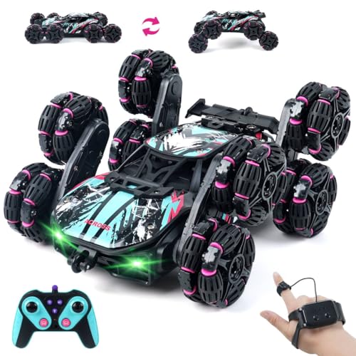 MagicKidz 8 Wheels Gesture Sensing Car for Kids Ages 5 6 7 8 9 10 11 12 - Birthday Gifts for Boys 5-7 8-12 Years Old, 2.4GHz Off-Road Remote Control Stunt Toy with Spray & LED Lights, 360-Degree Flips - color: 8 Wheels Gesture Sensing Car