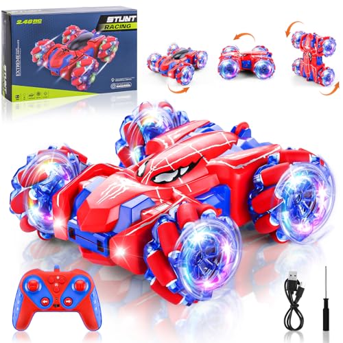 Spider Remote Control Car Headlight Double Sided Off-Road 360° Rotating Car | 2.4Ghz Rechargeable RC Stunt Car 4WD RC Drift Stunt Car for Boys Indoor Outdoor Toys 4-6 5-7 8-13 - color: Single Control Red