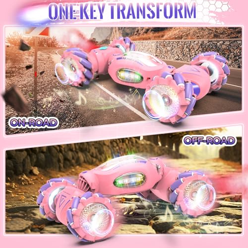 Fosgoit Pink Remote Control Car Toys Gifts for Girls 6-12 | with Light & Music & Spray, 2.4Ghz 4WD Double-Sided 360° Rotating Gesture Sensing RC Stunt Car, Birthday for Girls Kids - color: Pink
