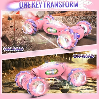 Fosgoit Pink Remote Control Car Toys Gifts for Girls 6-12 | with Light & Music & Spray, 2.4Ghz 4WD Double-Sided 360° Rotating Gesture Sensing RC Stunt Car, Birthday for Girls Kids - color: Pink
