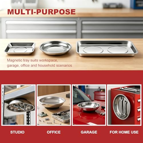 3PCS Magnetic Parts Tray, Stainless Steel Thickened Tray Set with Extra Strong Magnet, Heavy Duty Metal Parts Holder for Screws Nuts Bolts Washers Pins, Car Accessories (Tray & Bowl) - color: Tray & Bowl