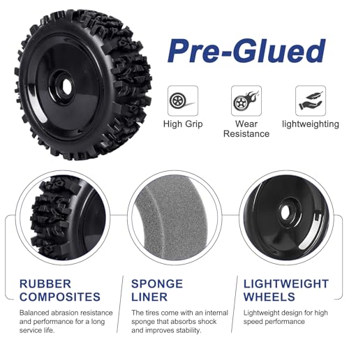 PreGlued 1/8 Buggy Tires 17mm Wheels Foam Inserts w/ 17mm Wheel Wrench for Arrma Typhon 3S 6S Losi HPI Redcat Racing Models, Set of 4 (Black Rims) - color: Black Rims