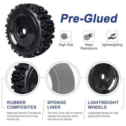 PreGlued 1/8 Buggy Tires 17mm Wheels Foam Inserts w/ 17mm Wheel Wrench for Arrma Typhon 3S 6S Losi HPI Redcat Racing Models, Set of 4 (Black Rims) - color: Black Rims