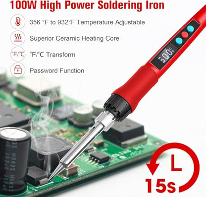 Soldering Iron Kit, 100W LED Digital Solder Gun kits with Ceramic Heater, Adjustable Temperature Welding Tools with Tips, Wick Braid, Stand, Solders Wire, Sponge, Flux Paste, Red - color: Red