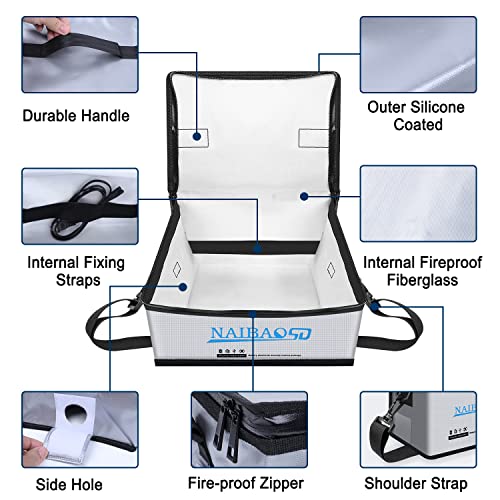 Fireproof Lipo Battery Bag, 11 x 8 x 6.5 in | Explosionproof, Large Capacity, Fire Resistant, Detachable Shoulder Strap, Double Metal Zipper - color: Gray03