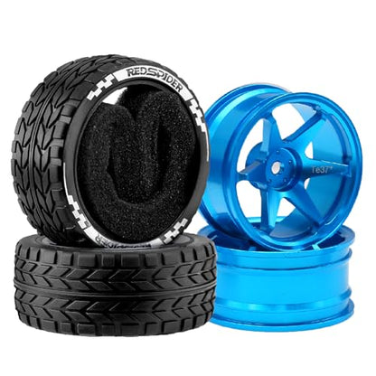 1/10 RC On Road Tires OD 2.55'' and Aluminium Street Wheels 4PCS 12mm Hex Touring Tyres for 1:10 Rally Racing Drift Car Tamiya TT01 TT02 XV01 HPI KYOSHO HSP PTG2 Traxxas TA06 A959 (Blue) - color: Blue