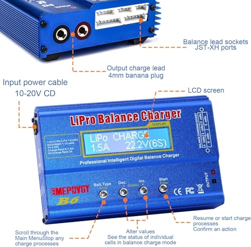B6 Lipo Battery Balance Charger 80W Discharger for NiMH/NiCd (1-15S) LiPo/Li-ion/Life Battery (1-6S) RC Hobby Batteries Balance Charger with AC Power Supply