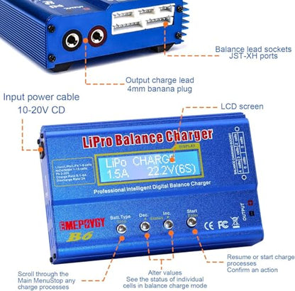 B6 Lipo Battery Balance Charger 80W Discharger for NiMH/NiCd (1-15S) LiPo/Li-ion/Life Battery (1-6S) RC Hobby Batteries Balance Charger with AC Power Supply