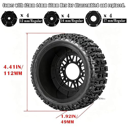 RC Wheels Tires Truck Tires 12mm/14mm/17mm Hex for 1/10 Slash 4×4 4WD 2WD/Axia1/Arrm a Senton/Redca t/Rc4w d,w/RC Wheels Hex Detachable Replace Running on Off-Road Tires,Black - color: Black- (Wheel Tires)