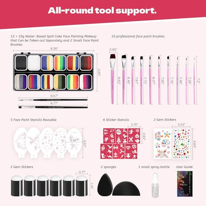 Professional Face Painting Kit for Kids Adults-12*10g Non Toxic Water Activated Face Paint Kit With Brushes,Stencils，Gem Stickers;Halloween,Carnival;Water Based Facepaint Makeup Kit for Kids Party - color: 12 Color Face Paint - 35 Piece Set