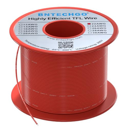 BNTECHGO 22AWG FEP Teflon Coated Wire Red 100ft Tin-Plated Copper | 22 Gauge Strands Wire High-Temp FEP Insulation, -65°C to 200°C Rated, Aerospace Wiring, Medical Wiring, Scientific Equipment - size: 100ft Red