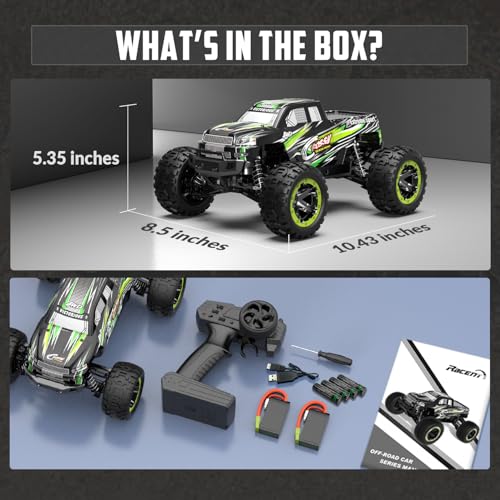 RACENT 1:16 RC Truck, Remote Control Truck for Beginners & Adults | 4x4, All Terrain, 40KPH, High Speed, Off-Road Monster Truck, 2.4Ghz, 2 Batteries - color: Green