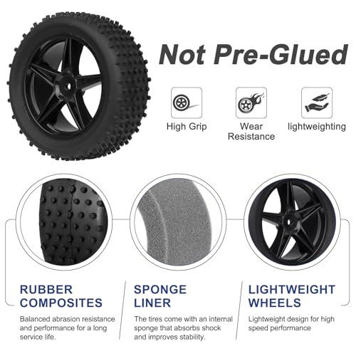 4Pcs Hobbyfire 12mm Hex RC Wheels and Tires All-Terrain 85mm/3.34" RC Rubber Tires, Universal Fit for 1/10 RC Off-Road Buggy - Compatible with Redcat, HPI, HSP, Kyosho (Non-Glued)