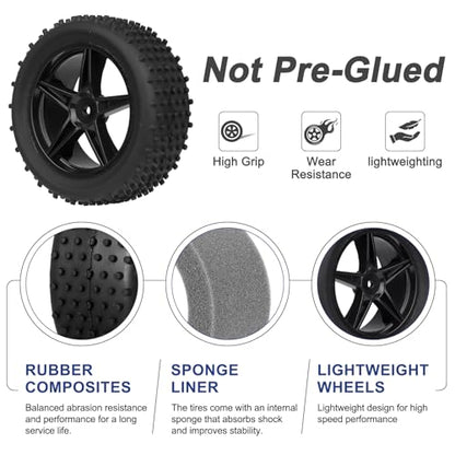 4Pcs Hobbyfire 12mm Hex RC Wheels and Tires All-Terrain 85mm/3.34" RC Rubber Tires, Universal Fit for 1/10 RC Off-Road Buggy - Compatible with Redcat, HPI, HSP, Kyosho (Non-Glued)