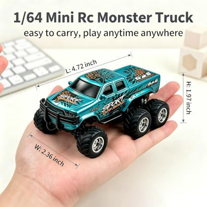 haomsj 1/64 Mini Rc Monster Truck 6x6 Off Road Remote Car for Kids & Adults | Sturdy Metal Car|3 Speeds|2.4G Flexible Remote Control|Long Lasting|Fast Charge|All-Terrain|Gift for Boys Age 3-12 - color: Green