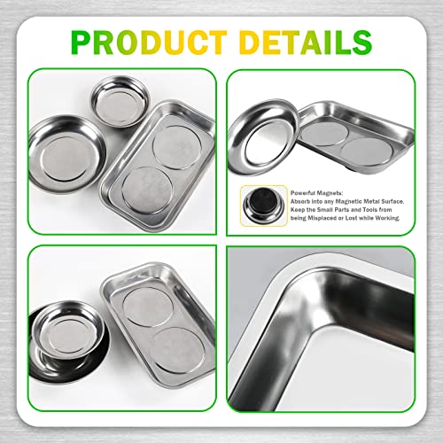 Keadic 5Pcs Stainless Steel Magnetic Tray Holder Set Includes Square & Round Magnetic Parts Tray and Magnetic Telescoping Pick-Up Tool for Screws Nuts Tool Organization