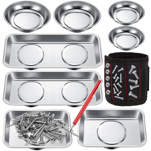 Jingmore 10 Pcs Magnetic Trays Set Includes 8 Round and Rectangular Magnet Tool Tray 1 Pair Black Magnetic Wristband and 1 Magnetic Pickup Tool for Parts Socket Screw Nut Bolt Mechanic and Automotive