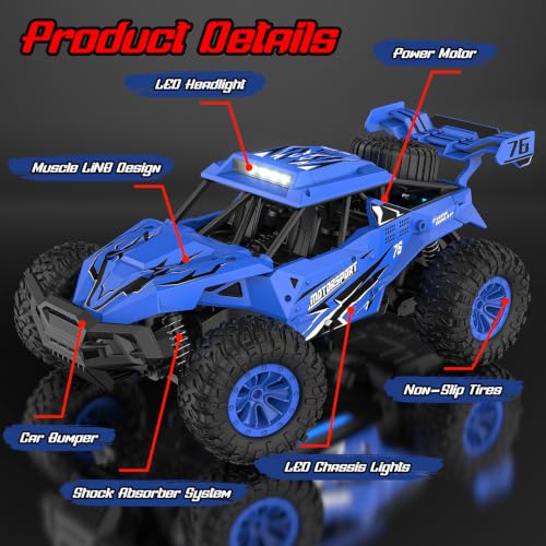 BLUEJAY Remote Control Car, 2.4GHz High Speed 33KM/H RC Cars Toys | 1:12 Monster RC Truck Off Road with LED Headlight and Rechargeable Battery Gifts for Adults Boys 8-12 - color: Blue