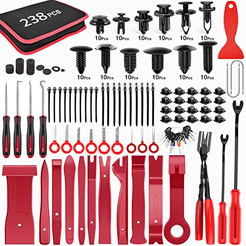 GOOACC 238Pcs Trim Removal Tool, Auto Push Pin Bumper Retainer Clip Set Fastener Terminal Remover Tool Adhesive Cable Clips Pry Kit Car Panel Radio Removal Auto Clip Pliers - color: 120Pcs Clips + 118 Remover Red