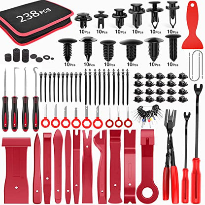 GOOACC 238Pcs Auto Trim Removal Tool and Push Pin Retainer Clip Set | Fastener Terminal Remover Tool Adhesive Cable Clips Panel Remover Kit Car Panel Radio Removal Auto Clip Pliers - color: 120Pcs Clips + 118 Remover Red