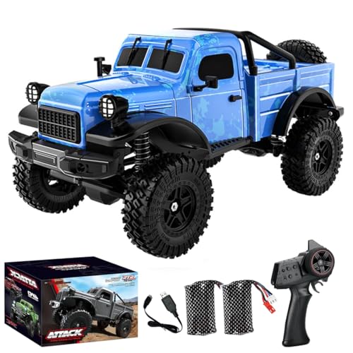 1/18 Scale RC Pickup Truck for Adult, 2.4GHz 4WD Off-Road Remote Control Drift Car, RC Rock Crawler with LED Lights, 12km/h High Speed & Waterproof ESC - color: Blue, size: 2 Battery
