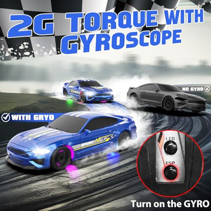 1/43 RC Drift Car, Mini Drifting RC Car with Gyro 2.4GHz Full Proportional Drift Cars 4WD RTR Remote Control Cars with Colorful Lights High Speed Fast Racing Vehicle Gift for Kids Boys Adults - color: Blue