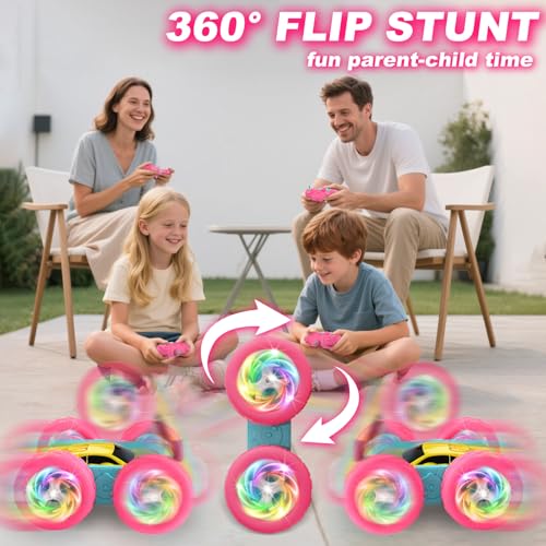 Remote Control Car, RC Cars for Girls, Double-Sided 4WD Stunt Car with RGB Lights & 360° Flips, USB-C Modular Batteries, Toys for Ages 5–7, Birthday Gift for 6+ Year Old Girl, Yellow-Pink - color: Pinkyellow