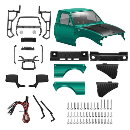 RC Pickup Body Shell with Bed Rack and Light kit & 2PCS Hanging Ball Nuts for 1/24 RC Crawler Axial SCX24 C10 Bronco Wrangler Base Camp 4Runner (Black & Green)