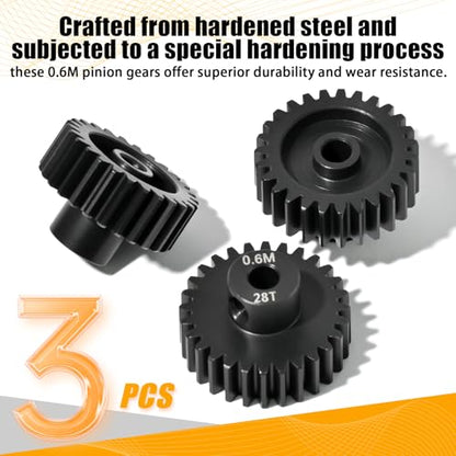3PCS 0.6M Hardened Steel Pinion Gear Set with 3.175mm Shaft, 0.6 Metric Pitch 26T 27T 28T Pinion Gears for 540 550 Brushed Brushless Motor, Compatible with 1/10 Tamiya Redcat HSP HPI RC Car - size: 26 27 28T