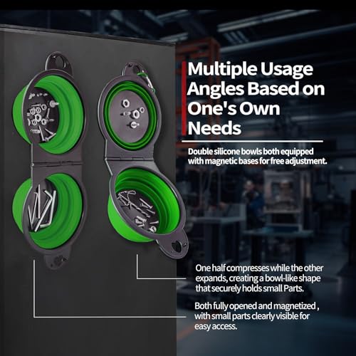 Magnetic Trays, Magnetic Bowl for Screws, Magnetic Tool Tray (green2.0) | Collapsible Magnetic Tool Tray, Integrated 5.1" Round Dual Silicone Bowls, Upgraded Version, Bonus Hook for On-the-Go Carry - style: green2.0