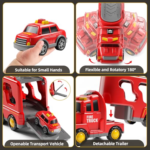 JUKUDAHU 7-in-1 Fire Trucks for Kids - Transport Truck for Boys | Sound and Light, Kids Toys for Ages 4-6, Birthday Gifts for Boys Girls Ages 5-7 4-8 Year Old - style: 7 IN 1 Fire Truck