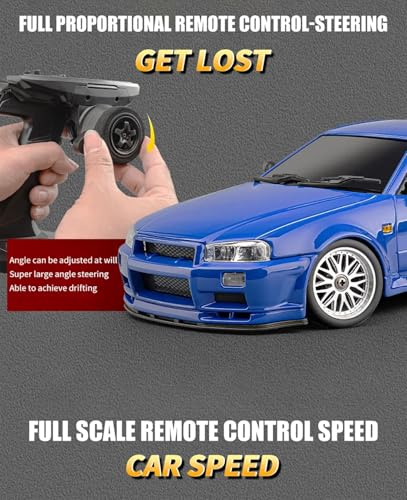 LD1899 1:18 RC Drift Car GTR R34 2.4GHz RWD with Gyroscope on-Road Alloy Body Shell Racing Cars Radio Control (Blue)