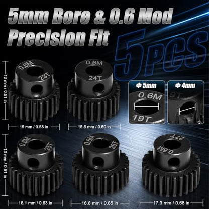 0.6M Hardened Steel Pinion Gear Set 23T-27T, 5mm Bore, 5PCS | 0.6M Metric Pitch Gear, 23T 24T 25T 26T 27T Gear Set, 5mm Motor Shaft Bore, Hardened Steel Material - color: 0.6M-5mmGC-23-27T