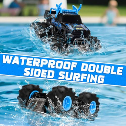 Remote Control Car for Kids, Waterproof RC Monster Truck with Gesture Band | All Terrain Waterproof RC Car Drives on Land and Water with 4WD, LED Lights, Spray, 360° Stunts, Tracks and 50+ Min Play - color: Blue
