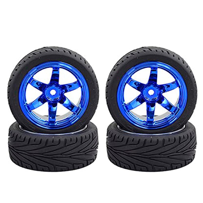 4PCS 1:10 RC Tires and Plastic Wheels Rims for 1/10 Scale On Road Touring Racing Drift Car HSP HPI Tamiya (Blue) - color: Blue