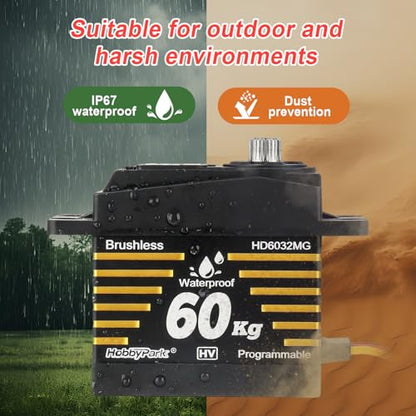 HobbyPark Waterproof 60kg Servo Brushless Motor High Torque RC Steering Servos Fast Speed Stainless Steel Metal Gears HV for 1/8 1/10 RC Crawler Cars Trucks Buggy 180° Standard Size Programmable