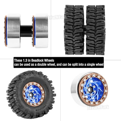 1.3 Dually Beadlock Wheels Tires for RC Crawler Car 1/18 TRX4M Ascent-18,1/24 SCX24 FCX24,RC Off Road Buggy Rally Truck Wheel and Tires,Adjustable Offset Wheels,7mm Hex Rim,Blue Brown - color: Blue Brown - (4pcs 1.3 Beadlock Tires)