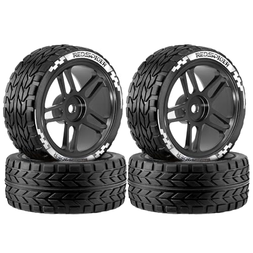 REDSPIDER RC Soft Rubber 1/10 On Road Tires 4PCS for Traxxas 4 Tec 2.0 Tamiya TT01 XV01 Kyosho WR8 Sakura WLtoys HPI HSP 1:10 RC Scale Touring On Road Racing Car Wheel Rims (Black) - color: Black