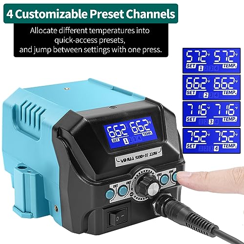 YIHUA 939D+ III EVO Digital Soldering Iron Station Kit 110W High Power with LCD display, 4 Memory Channels, Sleep Mode, Digital Calibration, Solder Wire, Helping Hands, Magnifier, 3 Soldering Tips - style: EVO Style 110W