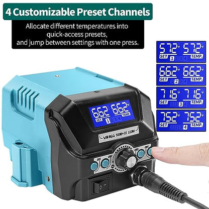 YIHUA 939D+ III EVO Digital Soldering Iron Station Kit 110W High Power with LCD display, 4 Memory Channels, Sleep Mode, Digital Calibration, Solder Wire, Helping Hands, Magnifier, 3 Soldering Tips - style: EVO Style 110W