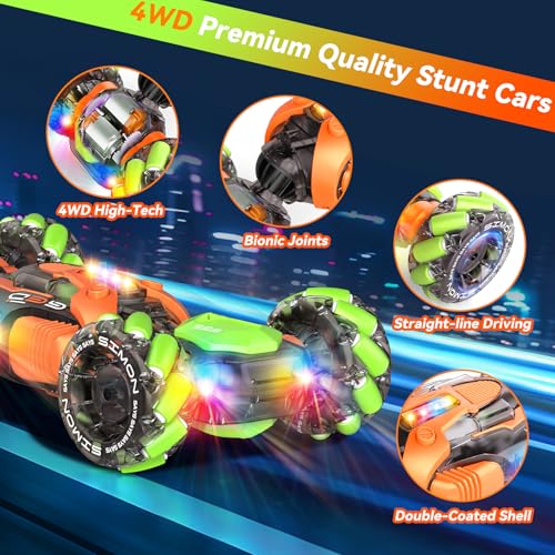 Nicella Remote Control Car, RC Toys Gifts for 6 7 8 9 10 11 12 Year Old Boys Girls - 360° Rotating 4WD Gesture Sensing RC Sunt Car with Lights & Music - Cool Birthday Gifts for Kids - color: Orange/Green