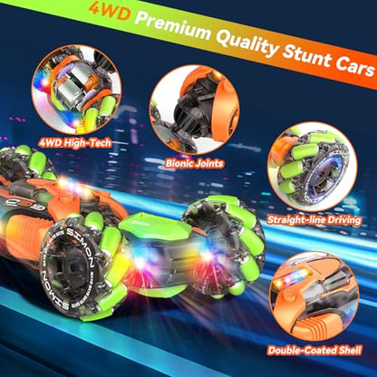 Nicella Remote Control Car, RC Toys Gifts for 6 7 8 9 10 11 12 Year Old Boys Girls - 360° Rotating 4WD Gesture Sensing RC Sunt Car with Lights & Music - Cool Birthday Gifts for Kids - color: Orange/Green