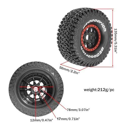 1/7 1/8 RC Short Course Truck Wheels 17mm Hex and Tires OD 5.31" Off Road Tyres for 1:7 1:8 Scale Buggy Truck Car TRAXXAS UDR FS Atom ARRMA Mojave 6S EXB YK4072 DF7 TB7 Upgrades 4PCS (Red) - color: Red