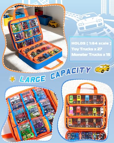 Marscamd Storage Case Compatible with Hot Wheels Toy Trucks Monster Trucks | Hold 66 Pcs, Toy Car Storage Case with Front Display Window, Blue