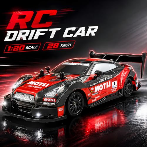 HTURCCOP 1:20 RC Drift Car 2.4GHz 4WD High Speed Drift Remote Control Cars Vehicle with LED Lights and Drifting Tires Batteries x2 Racing Sport Toy Cars for Adults Boys Girls Kids (Red) - color: Red