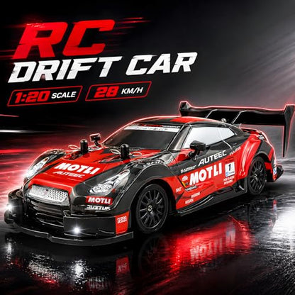 HTURCCOP 1:20 RC Drift Car 2.4GHz 4WD High Speed Drift Remote Control Cars Vehicle with LED Lights and Drifting Tires Batteries x2 Racing Sport Toy Cars for Adults Boys Girls Kids (Red) - color: Red