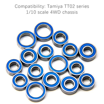 TT02 Bearings 16Pcs RC Car Sealed Ball Bearings Kit for Tamiya TT-02, TT01 1/10 RC Parts Rubber Sealed Bearings Kit Compatible with Tamiya Chassis - Reduce Friction, Boost Speed & Durability
